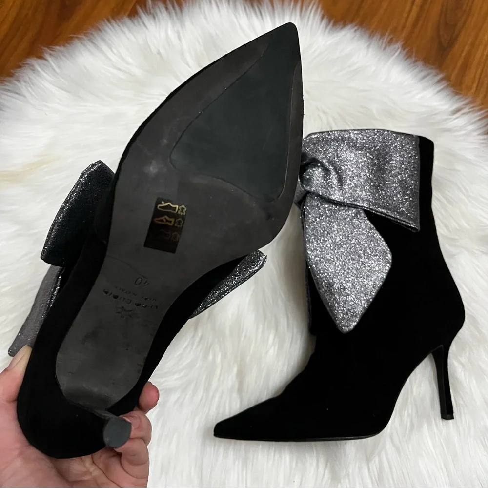 $890 | Domenico Vacca Black Suede Stiletto Glitter Bow Heel Boots sz. 10